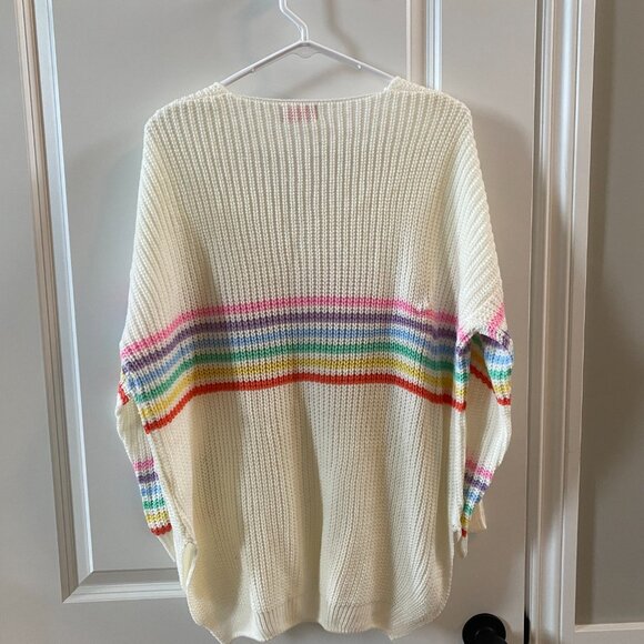 Pink Lily White Sweater w Pastel Rainbow Stripes Size M/L - Picture 7 of 9